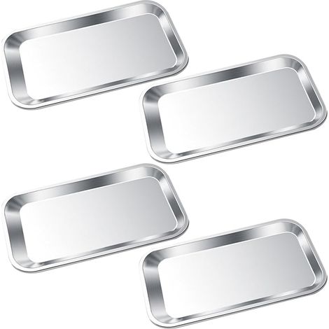 Plateau d'Instruments 4 Pièces, Plateau Rectangulaire en Acier Inoxydable, Plateau de Laboratoire Réutilisable pour Salons de Beauté, Cliniques Vétérinaires, Cabinets Dentaires (1/5)