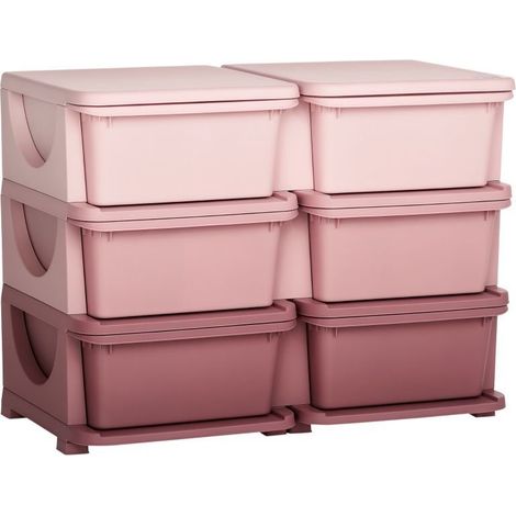 Meuble de rangement pour enfants à six tiroirs amovibles, structure en plastique, couleur rose