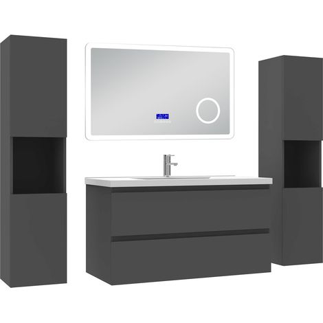 Ocean ensemble meuble 100 cm anthracite avec 2 tiroirs à fermeture automatique, lavabo céramique + miroir salle de bain Bluetooth tricolore + 2 colonnes hautes, suspendu (1/5)