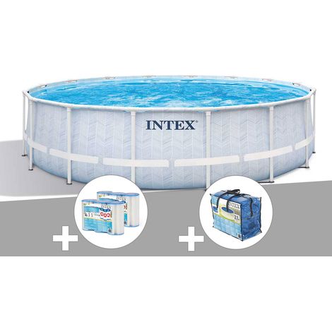 Kit piscine tubulaire Intex Chevron ronde 4,88 x 1,22 m + 6 cartouches de filtration + Bâche à bulles (1/3)