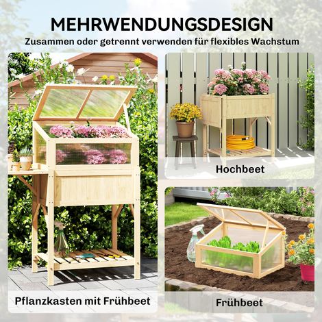 Table de culture surélevée en bois naturel avec serre intégrée, potager pliable à compartiments de rangement, bac à légumes avec châssis froid, meuble d’appoint jardin. (1/4)