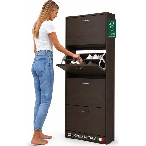 Scarpiera 4 Ante Ripiani Porta Scarpe Doppia Profondita Legno MDF 63x24x150 Noce (1/5)