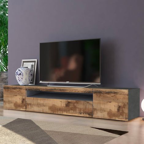Ahd Amazing Home Design – Meuble TV 200cm – 2 portes et tiroir – Finition bois poirier et ardoise – Compartiment ouvert pour appareils électroniques
