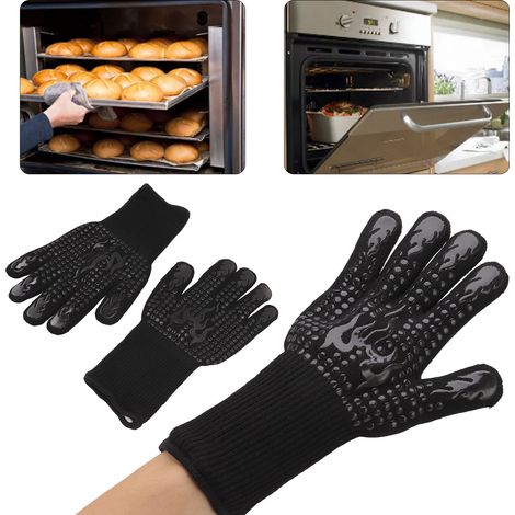 Lot de 2 gants anti-brûlures haute température pour barbecue, gants de cuisson et de pâtisserie ignifugés et isolants thermiques, gants de four en silicone tricoté, nouveau modèle, motif flamme noire (1/5)
