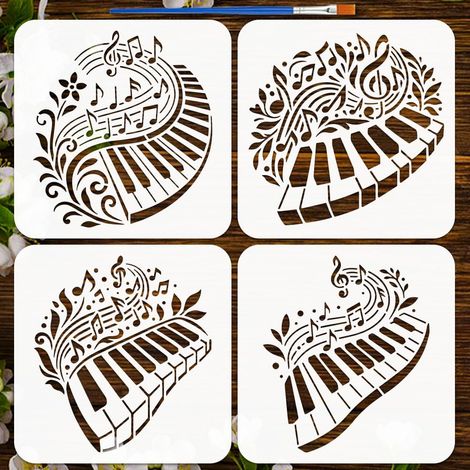 4PCS Pochoir Peinture Touches de Piano avec Pinceau 20x20cm Plastique Modèle de Dessin Notes de Musique PET Pochoir Fleurs Vignes Modèle Thème Musical pour DIY Décoration Mur Sol (1/5)