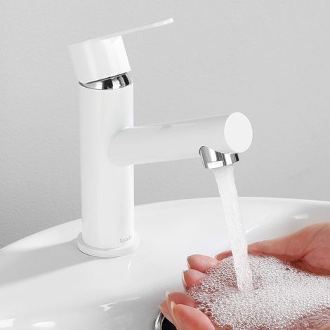 Robinet Salle de Bain Blanc, Mitigeur Lavabo Monocommande en Acier Inoxydable, Robinetterie de Lavabo Réglable Chaud et Froid, Cartouche Céramique, Mousseur Remplaçable (1/5)