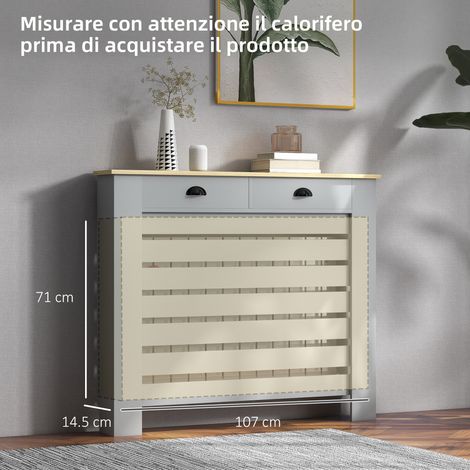 Meuble cache-radiateur en panneaux MDF lattés, gris, 111x19x95.5 cm, avec 2 tiroirs de rangement, grille de chaleur intégrée. (1/5)