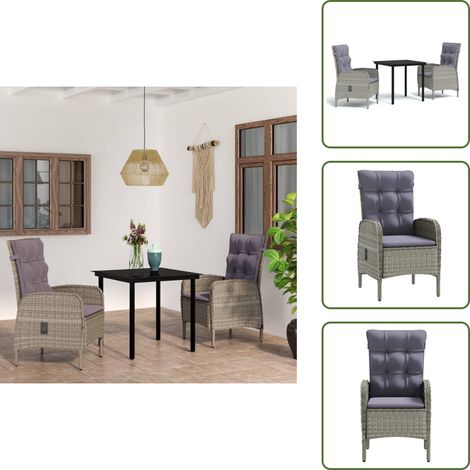 The Living Store Set da Pranzo da Giardino 3 pz con Cuscini Grigio e Nero - Tavolo da pranzo esterno