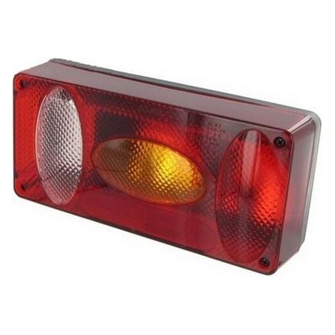 Feu arrière rectangulaire 6 fonctions – Feu rouge, clignotant, éclairage plaque – Dimensions 215x100x55mm – Entraxe 155mm