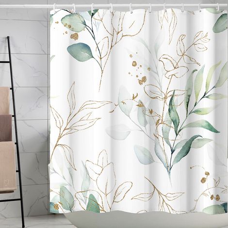 Rideau Douche Anti Moisissure, 180x180cm Vert Feuilles d'eucalyptus Doré Rideaux de Baignoire Tissu Lavable Imperméable Polyester Rideaux Salle (1/4)