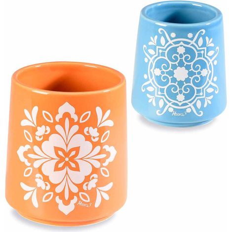 Vases en céramique décor géométrique majolique, lot de 3, moyen : diam. 11 x H. 12,5 cm