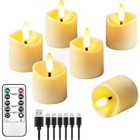 Bougies sans flamme rechargeables avec minuterie à distance, bougies chauffe-plat vacillantes de 3,8 x 5 cm, fonctionnant sur piles (lot de 6) (1/5)