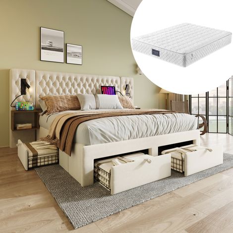 Letto adulti 160x200 cm con 2 comodini, 4 cassetti, lampada da lettura e porta USB, materasso incluso, in velluto, beige (1/5)