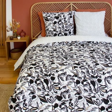 Parure de lit 220x240 cm - COTE DECO - Housse de Couette + 2 Taies - Imprimé floral - Microfibre - Réversible