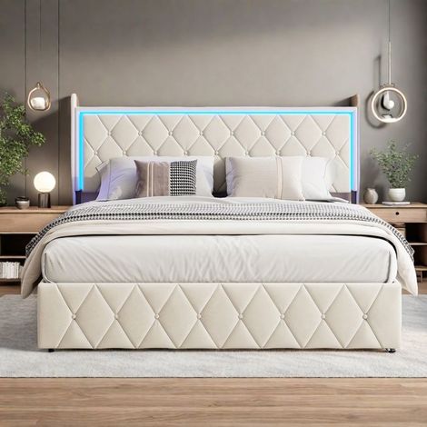 Polsterbett Erwachsene 160x200 cm, Samt, Doppelbett mit LED, Stauraum, Bettgestell für Erwachsene mit gepolsterter Kopfstütze