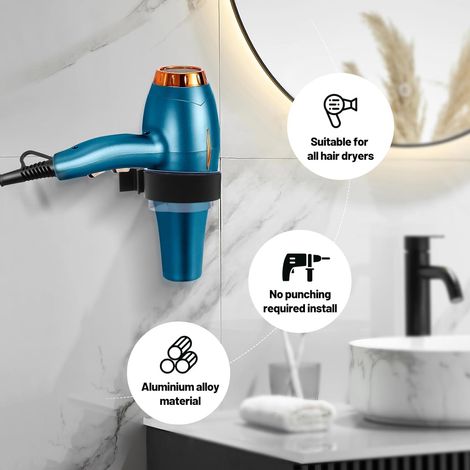 Wandmontierter Haartrocknerhalter ohne Bohren, schwarze Halterung, ideal für Badezimmer, Schlafzimmer, Balkone und andere Orte. (1/5)
