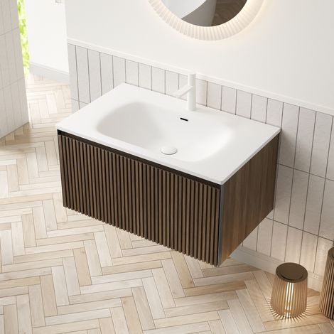 Mueble de baño suspendido (80x46x41.8 cm), con lavabo cerámico blanco, cajón, acabado roble marrón y blanco (1/5)