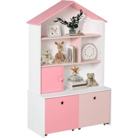 Bibliothèque en bois pour enfants avec 4 compartiments 1 porte et 2 tiroirs amovibles à roulettes pour livres jouets 80x34x130 cm rose et blanc (1/5)