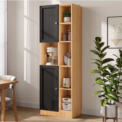 Armario esquinero alto (50x35.5x170 cm), 6 estantes abiertos, 2 puertas, baldas regulables, MDF, negro y natural (1/5)
