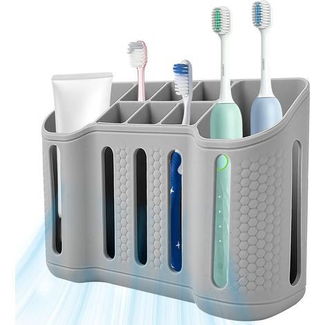 Soporte de silicona para cepillos de dientes con 8 ranuras, ventosa trasera y orificios de drenaje, para cepillo y pasta de dientes (16×12×5 cm) (1/5)