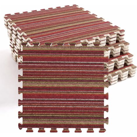 12 Pièces Tapis Puzzle, Dalle Mousse, Carreaux de Sol Emboîtables en Lin, Tapis Mousse Chambre Enfant, pour Salon et Chambre à Coucher, 30 x 30 cm - Rouge-Vert (1/5)