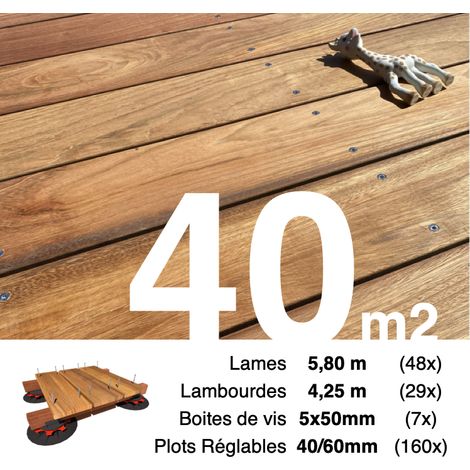 Kit complet terrasse bois exotique JATOBA pour 40 m² • Lames 5,8 m, lambourdes 4,25 m, plots réglables et visserie Inox • Livraison gratuite