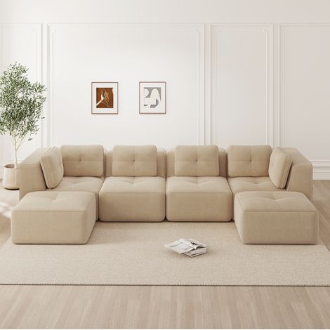 Sofá esquinero modular beige en pana acanalada con otomana, diseño antideslizante y sin montaje (1/5)