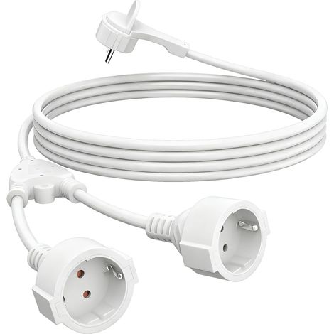 Rallonge de 2 m, avec fiche plate, 2 prises, contact de protection, 230 V/16 A, double prise pour prise IP44, pour la maison, le bureau, blanc (1/5)