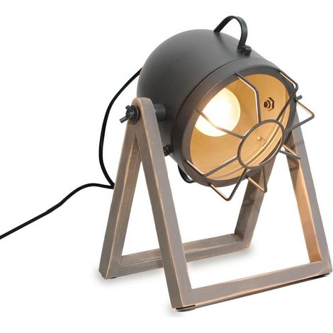 Lampe de table vintage base bois avec spot réglable, E27, grise