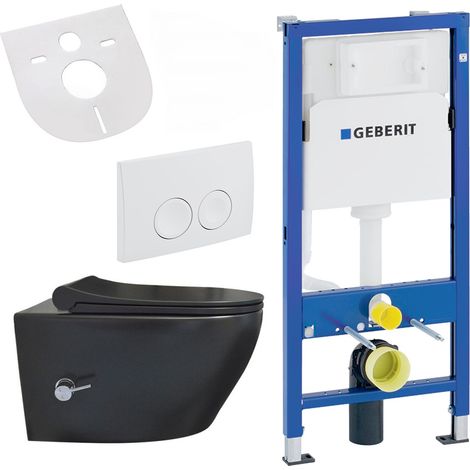 Belvit Wand WC Set spülrandlos Schwarz matt mit Taharet Bidet Warm-Kaltwasser Softclose passend für Geberit UP100