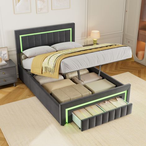 Lit coffre 140x190 cm en velours gris anthracite avec LED blanc chaud et tiroir DESVIAE (1/5)