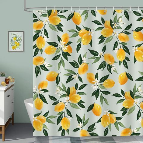 1 Rideau de douche, motif citron feuilles vertes, polyester imperméable anti-moisissure, 180x180 cm, avec 12 crochets, pour salle de bain