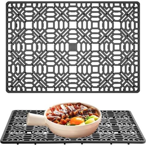 Tapis d'évier en silicone 40 x 27 cm, tapis de protection en silicone pour évier de cuisine, tapis d'égouttage pliable et antidérapant, gris, pour plan de travail (gris foncé) (1/4)