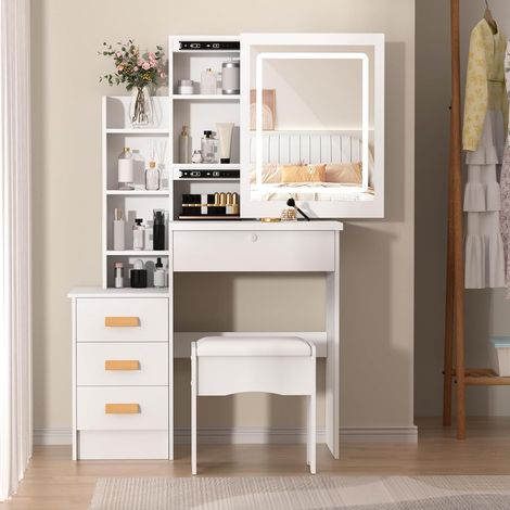 Générique Coiffeuse avec Miroir Coulissant et Éclairage, Table de Maquillage avec Tiroirs et Étagères, Espace de Rangement Caché pour Chambre