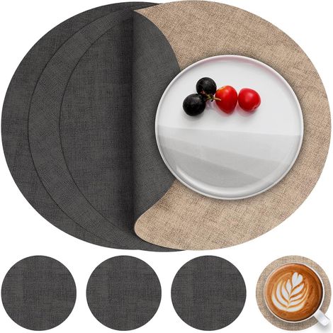 Set mit 4 runden, doppelseitigen Tischsets und Untersetzern aus Kunstleder, abwaschbar und hitzebeständig, graubeige