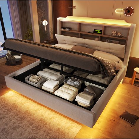 Polsterbett Leinen Beige 140x200 cm mit hydraulischem Stauraum, LED-Lichtleiste und USB-/Typ-C-Anschlüssen (1/5)