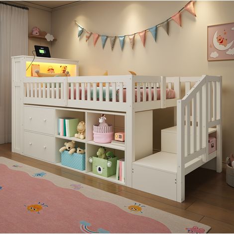 Lit mezzanine enfant 90x200 cm avec bureau, rangements, LED, ports USB et USB-C, échelle, pin et MDF, blanc