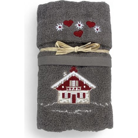 Serviette tyrolienne Grey House - Tyrol - 100 % coton éponge - Chalet de montagne Broderie Made in Italy