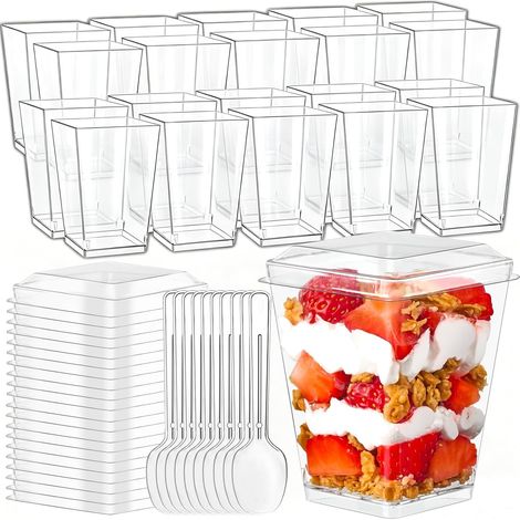 40 Pièces Tasses à Dessert, Gobelets à Dessert en Plastique, 160ml/5oz Verres à Dessert Réutilisables avec Cuillères et Couvercle, Coupes Gobelets Carrée pour Pudding, Crème glacée, Dessert, Mousse (1/5)