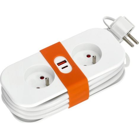 Verlängerungskabel, 2 Steckdosen, 230V + USB, 1,4m, geerdet, 3x1,5mm Kabel, weiß (1/4)