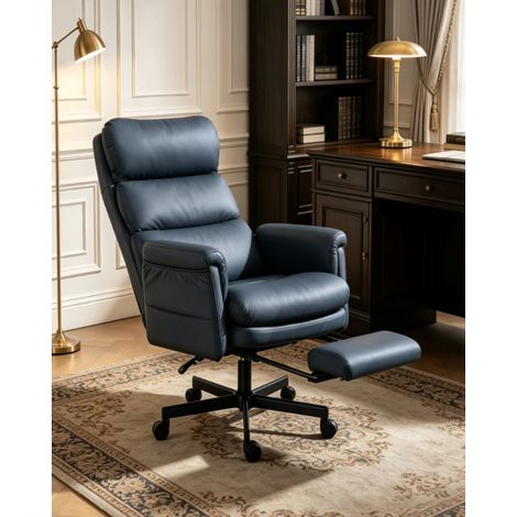 Fauteuil de bureau inclinable au design ergonomique, avec repose-pieds, appui-tête et accoudoirs réglables, et siège pivotant spacieux à 360 degrés, disponible en noir et gris. (1/5)