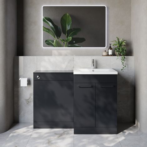 Napoli 460 Cento Gloss Grey 1200mm 2 Door Vanity Unit Toilet Suite with Glide Basin - 1200mm - Chrome 160mm HandleWithout Kingston Toilet Pan