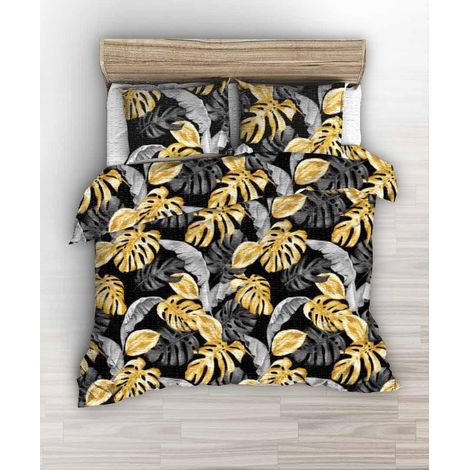Bettwäsche-Set 160x200 schwarz mit grauen und goldenen exotischen Blättern (1/2)