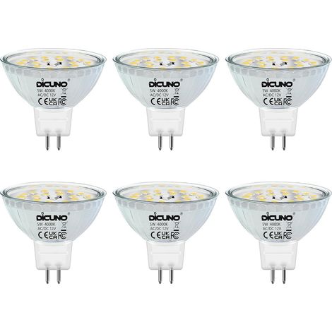 Ampoule LED GU5.3 MR16 Dimmable, 5W=50W, 4000K, 500lm, Lot de 6 Blanc neutre, 12V, Verre, Faisceau 120°, Ampoules GU5.3 LED pour spots encastrables et plafonniers (1/5)