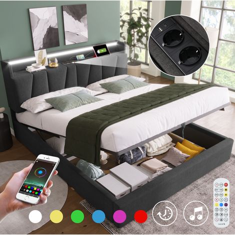 Lit coffre 140x190 avec USB, LED et tête de lit grise HAVRYA (1/5)