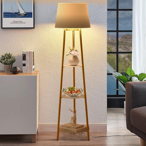 Lámpara de Pie Salon Led con Estantes Luz de Pie para Salon Moderna Lámpara de Lectura con Estante de Exhibición de Mármol Sintético Pantalla de Lona Marco Dorado 158.5x35.5cm (1/5)