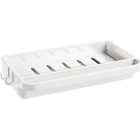 Weiße, wandmontierte Küchenabtropffläche mit 2 Haken für Putzlappen und Wasserhahn (1/4)