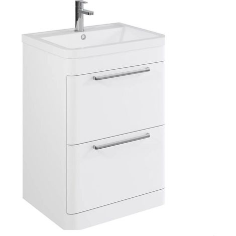 Balterley Calwich Contemporary Bathroom Floor Standing Vanity with 2 Soft Close Drawers & 1 Tap Hole Polymarble Basin, Gloss White, 600mm