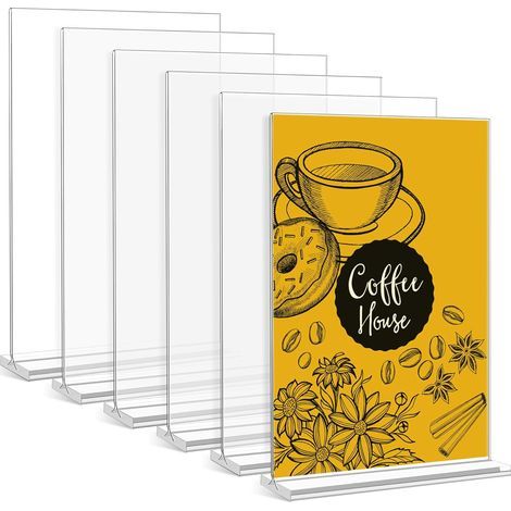 Lote de 6 soportes A4 en forma de T, doble cara, de acrílico transparente para menús, carteles, escritorio, tienda, restaurante y escuela, soporte vertical (1/5)