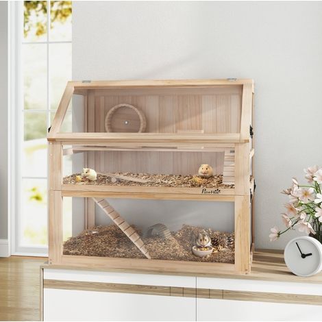 Cage à hamster 80x50x76 cm en bois naturel, 3 étages facile à monter pour rongeurs FloraGrace (1/5)